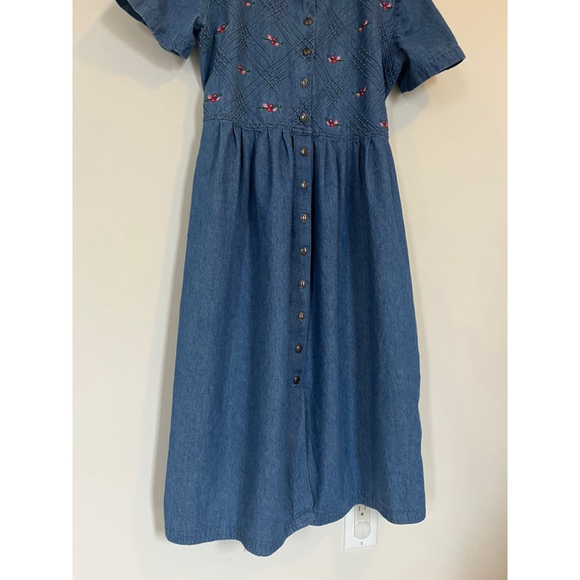 Vintage Women's V.I.Petites Denim Midi Collared Dress Floral Embroidery Bodice - Picture 6 of 8